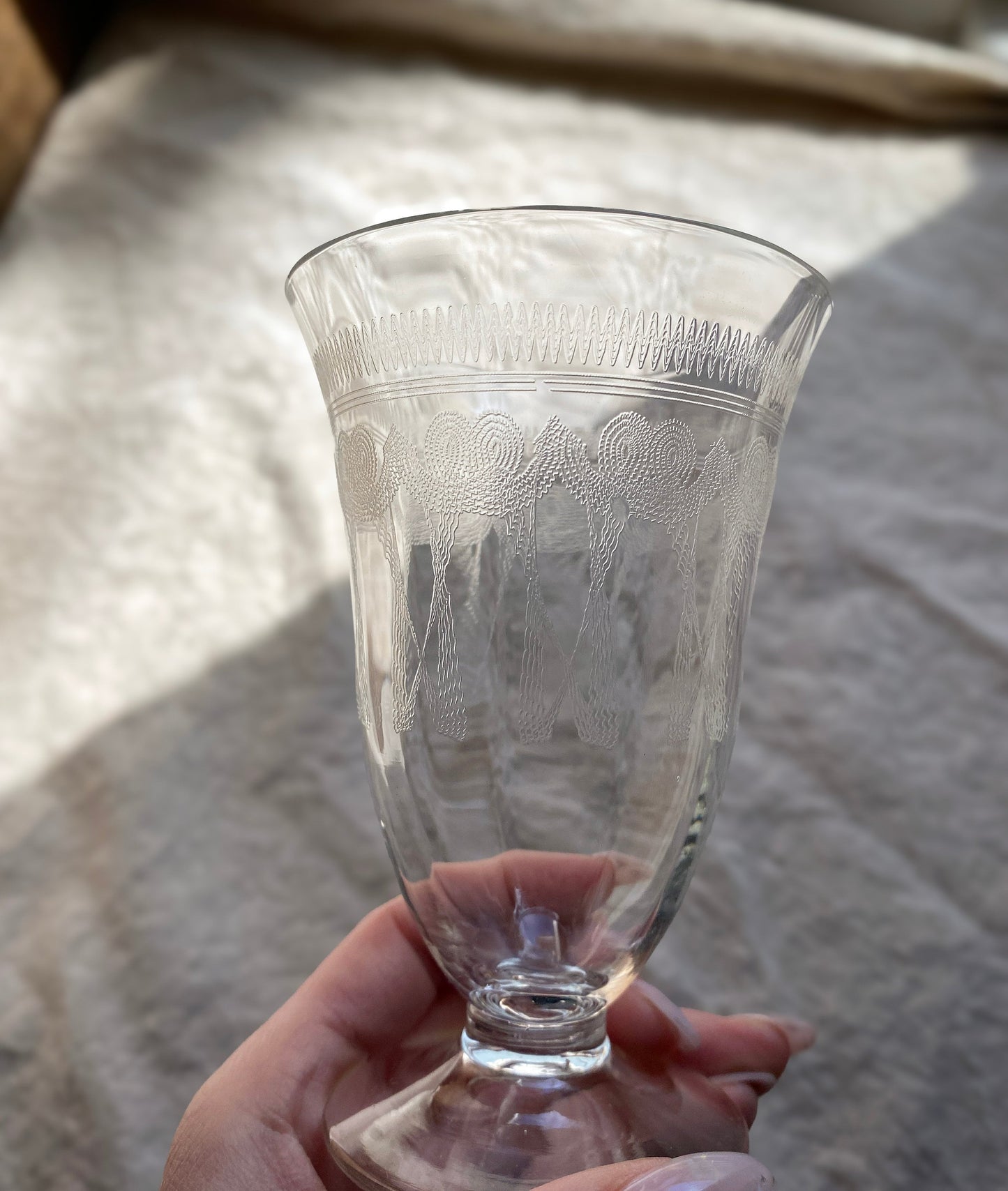 Vintage Bohemia Needle Etched Crystal Dessert Goblet Glass