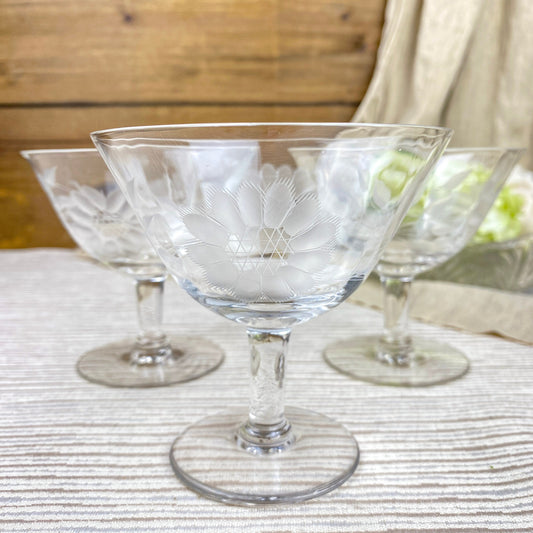 Vintage Etched Cornflower Crystal Glasses Set of 3