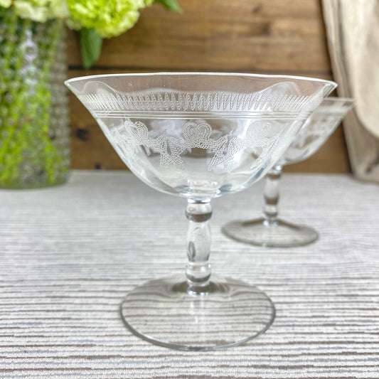 Vintage Crystal Engraved Handmade Glass Coupes