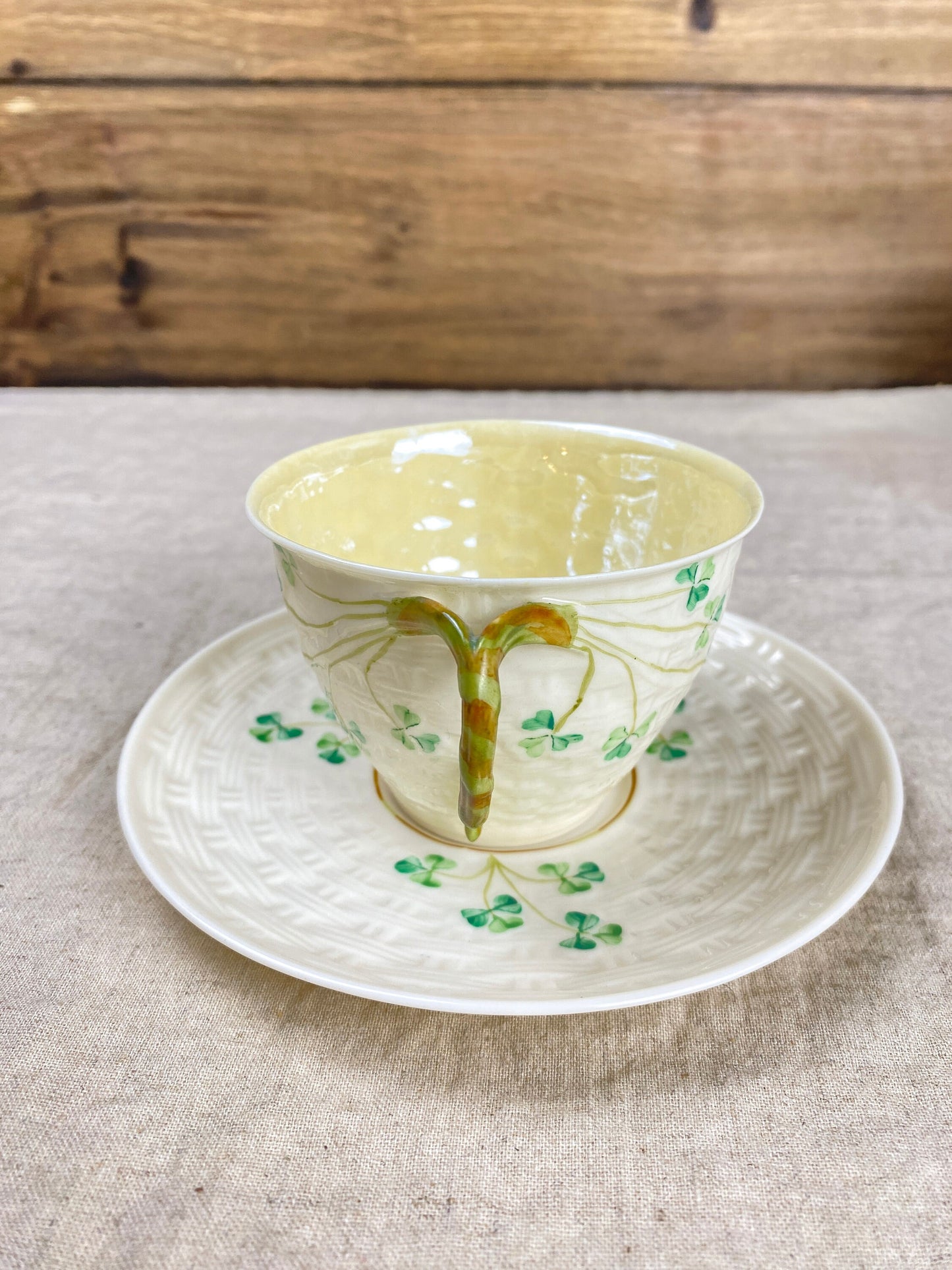 Vintage Belleek Hand Painted Shamrock Basketweave Flat Cup & Saucer