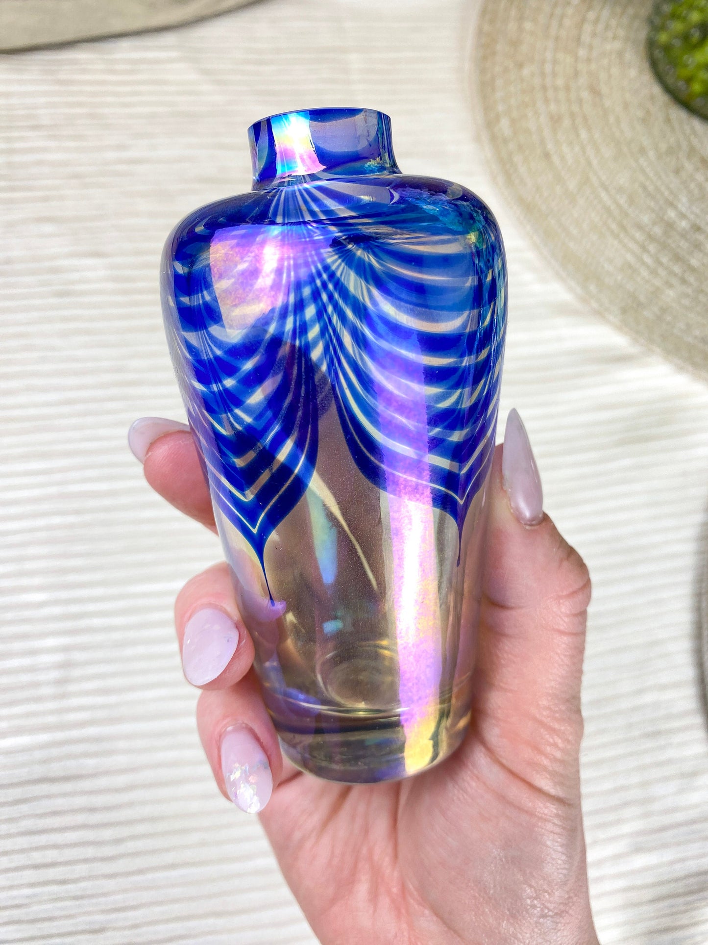 Vintage Iridescent Studio Art Glass Perfume Bottle Bud Vase Cobalt Pulled Feather