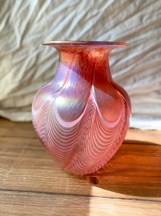 Robert Held “SKOOKUM” 8” Pulled Feather Iridescent Art Glass Vase