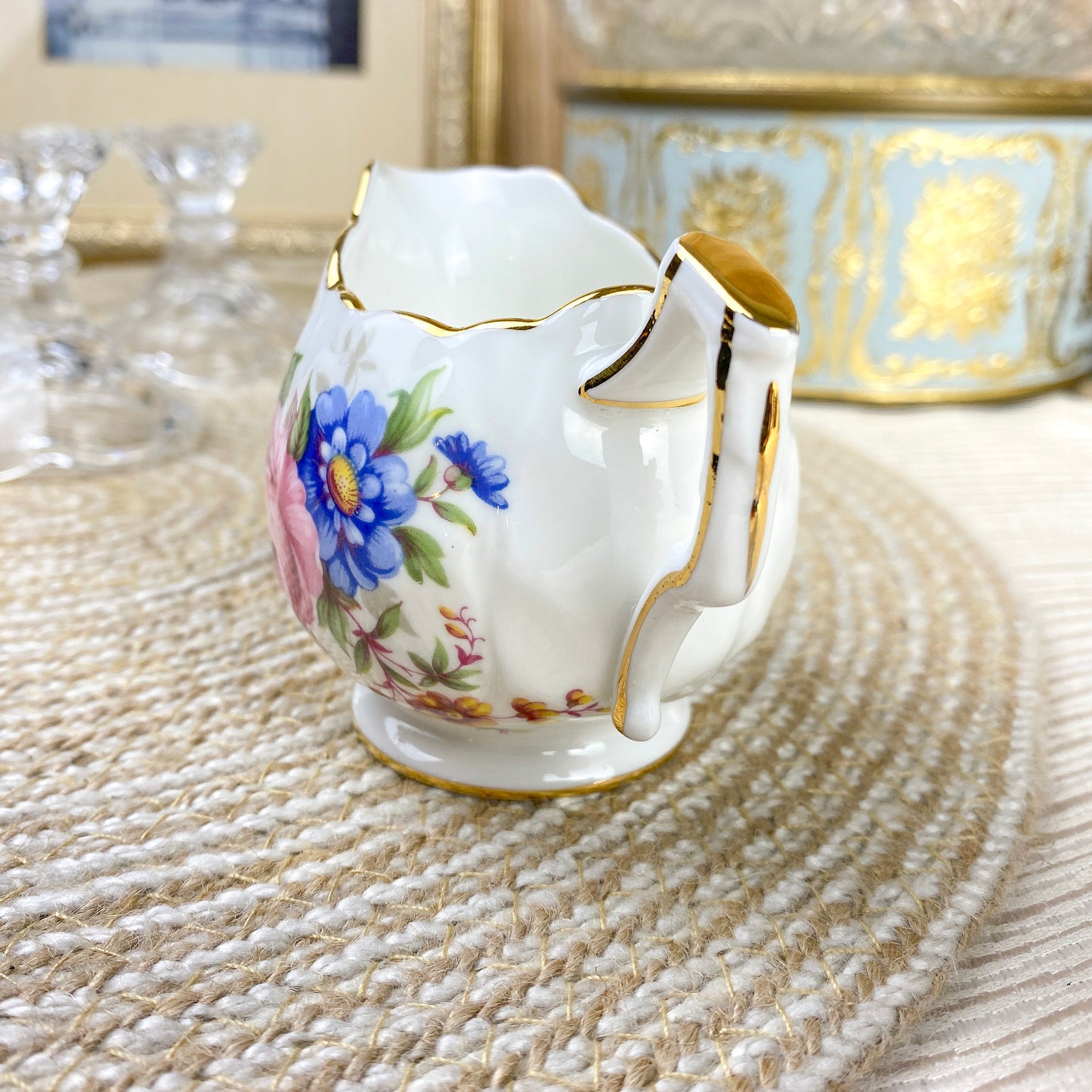 Vintage Aynsley Spray Bone China Mini Creamer Floral Gold Trim Crocus Shape