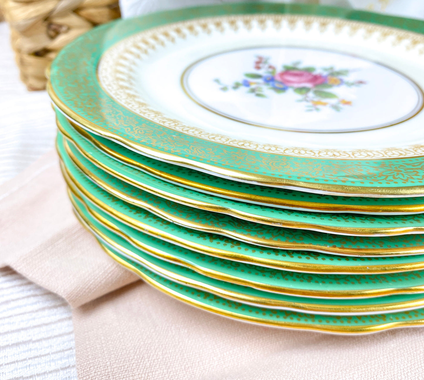 Aynsley Green and Gold Floral Dishes 8" Set of 8 Bone China