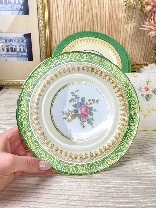 Aynsley Green and Gold Floral Dishes 8" Set of 8 Bone China