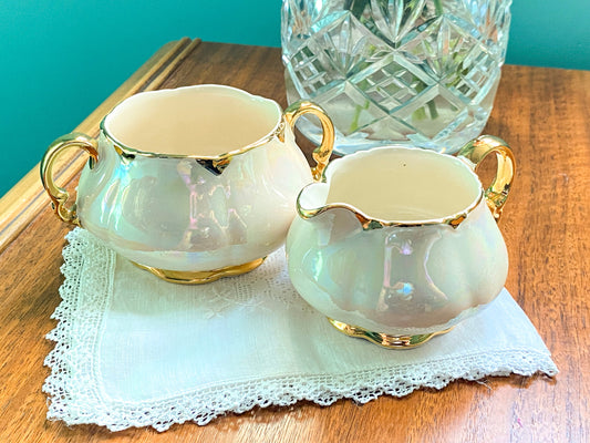 Vintage Ellgreave Burslem Stoke on Trent Lustreware & Gold Creamer Sugar Bowl