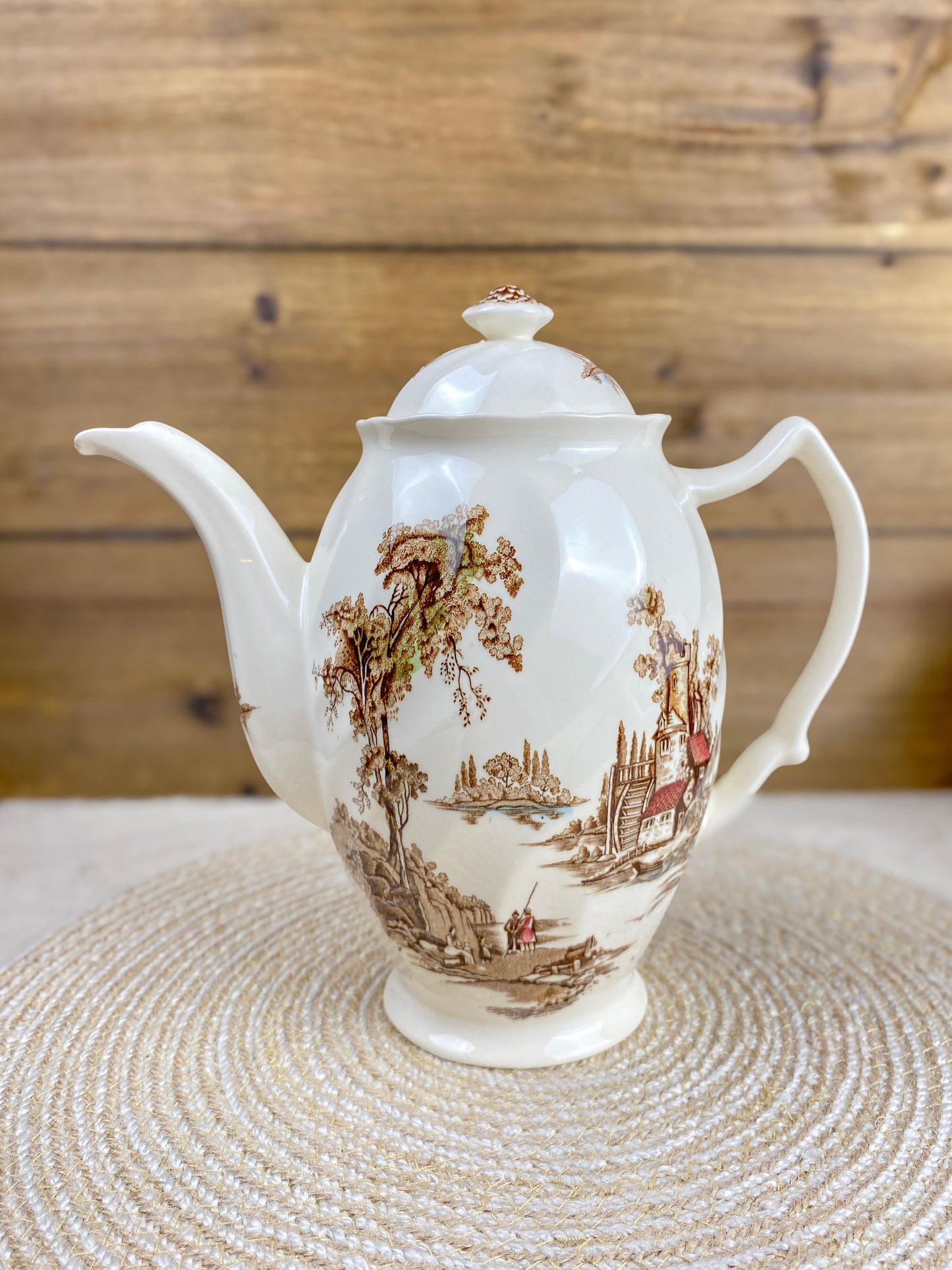 Vintage Brown Transferware Johnson Bros The Old Mill Coffee Pot