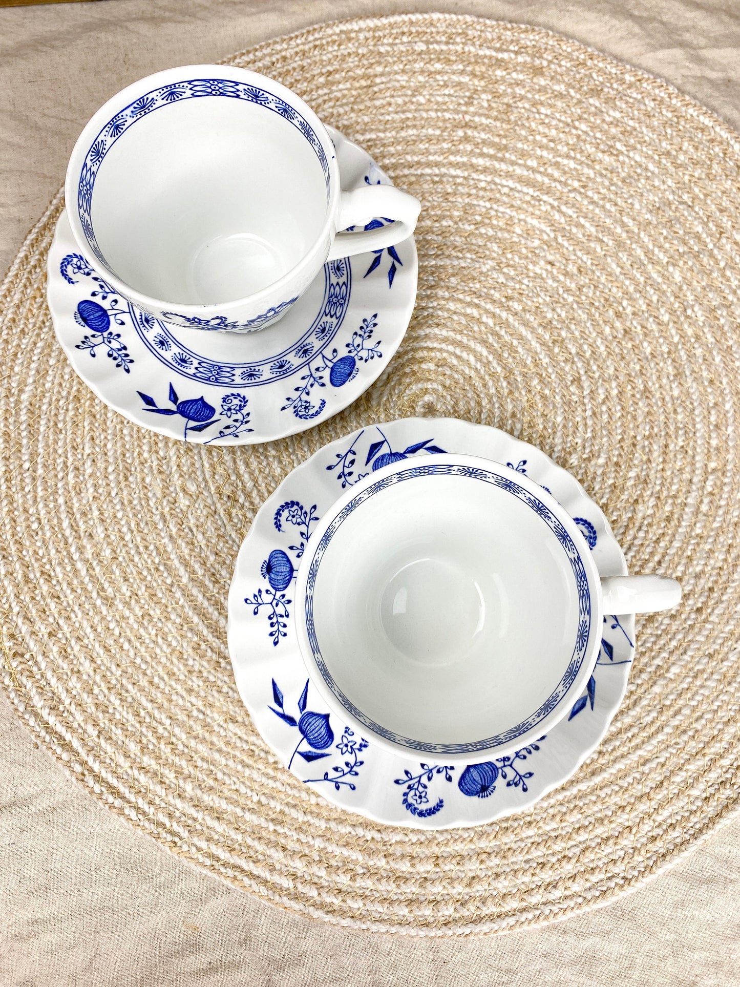 Vintage Pair of J&G Meakin England Classic White Blue Nordic Teacups and Saucers