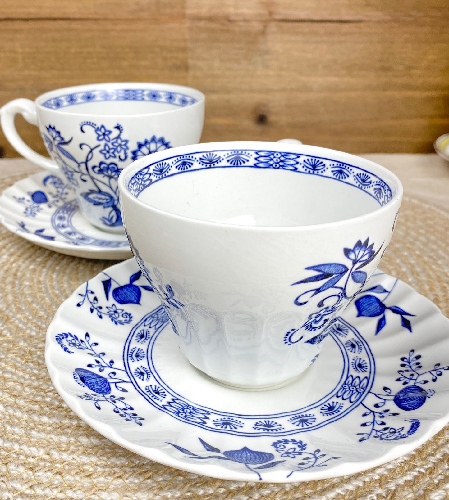 Vintage Pair of J&G Meakin England Classic White Blue Nordic Teacups and Saucers