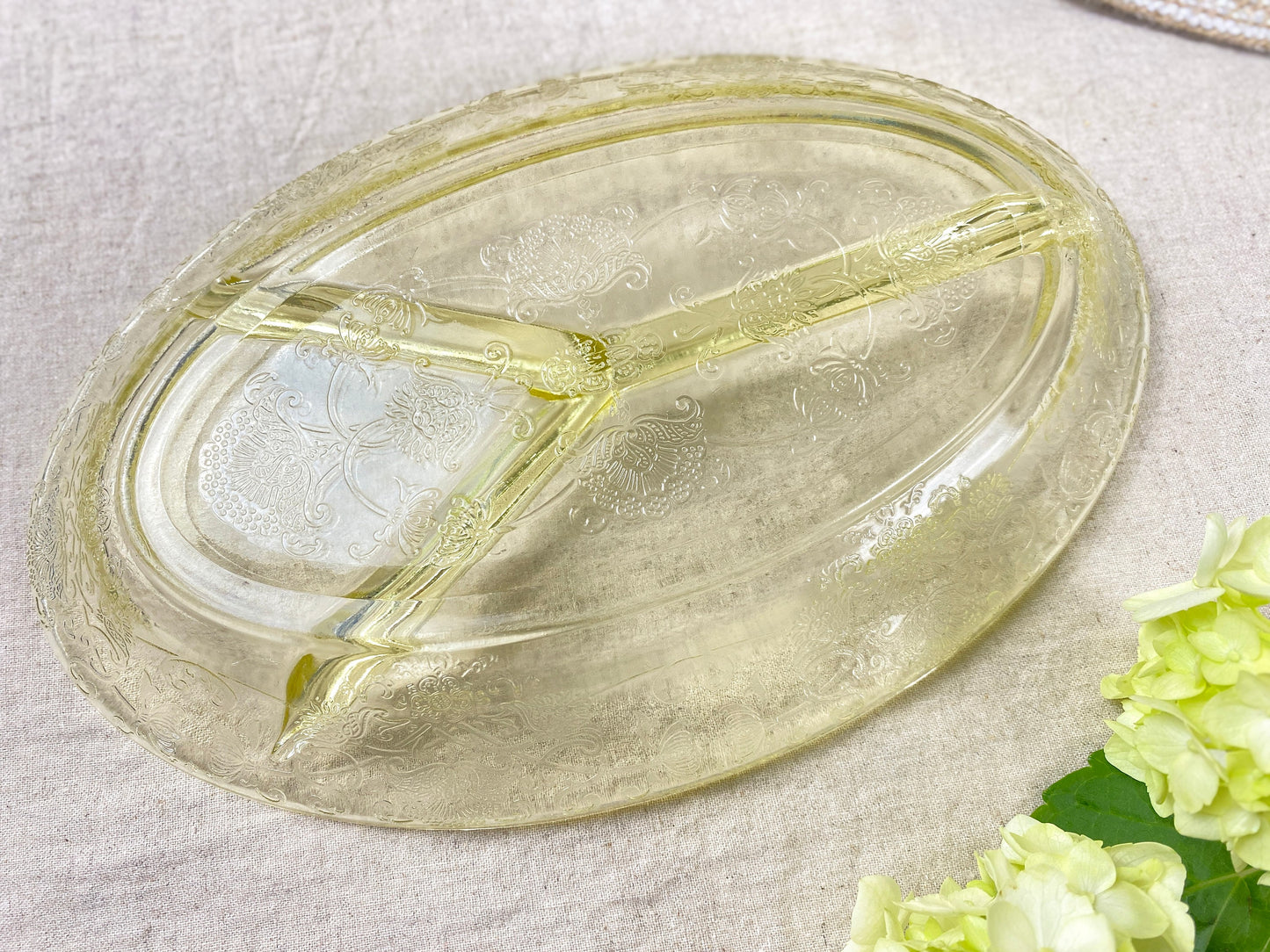 Vintage Hazel Atlas Florentine Yellow Depression Glass 3 Section Platter