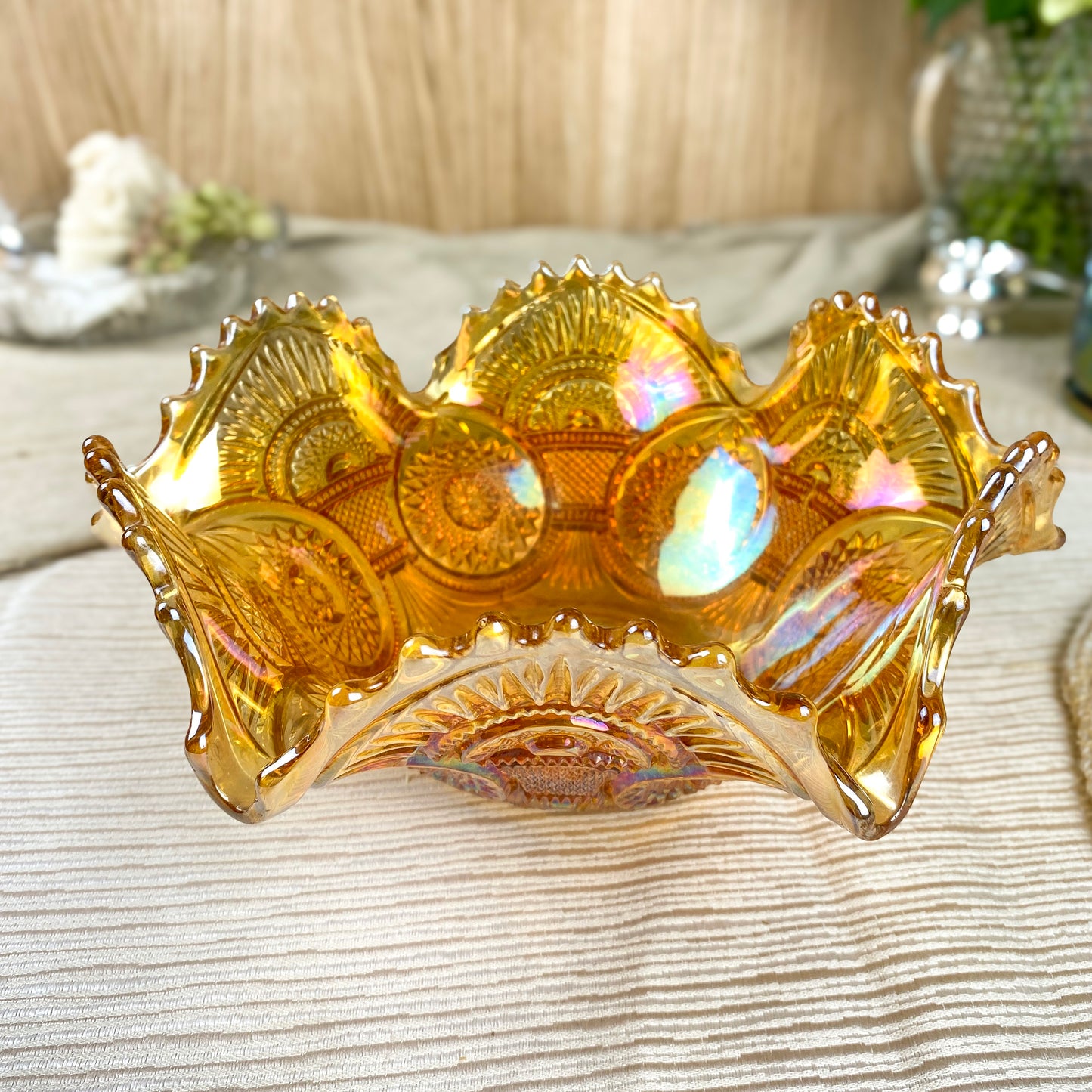 Imperial Large Hobstar and Arches Glass Marigold Sawtooth Edge Carnival Glass Bowl