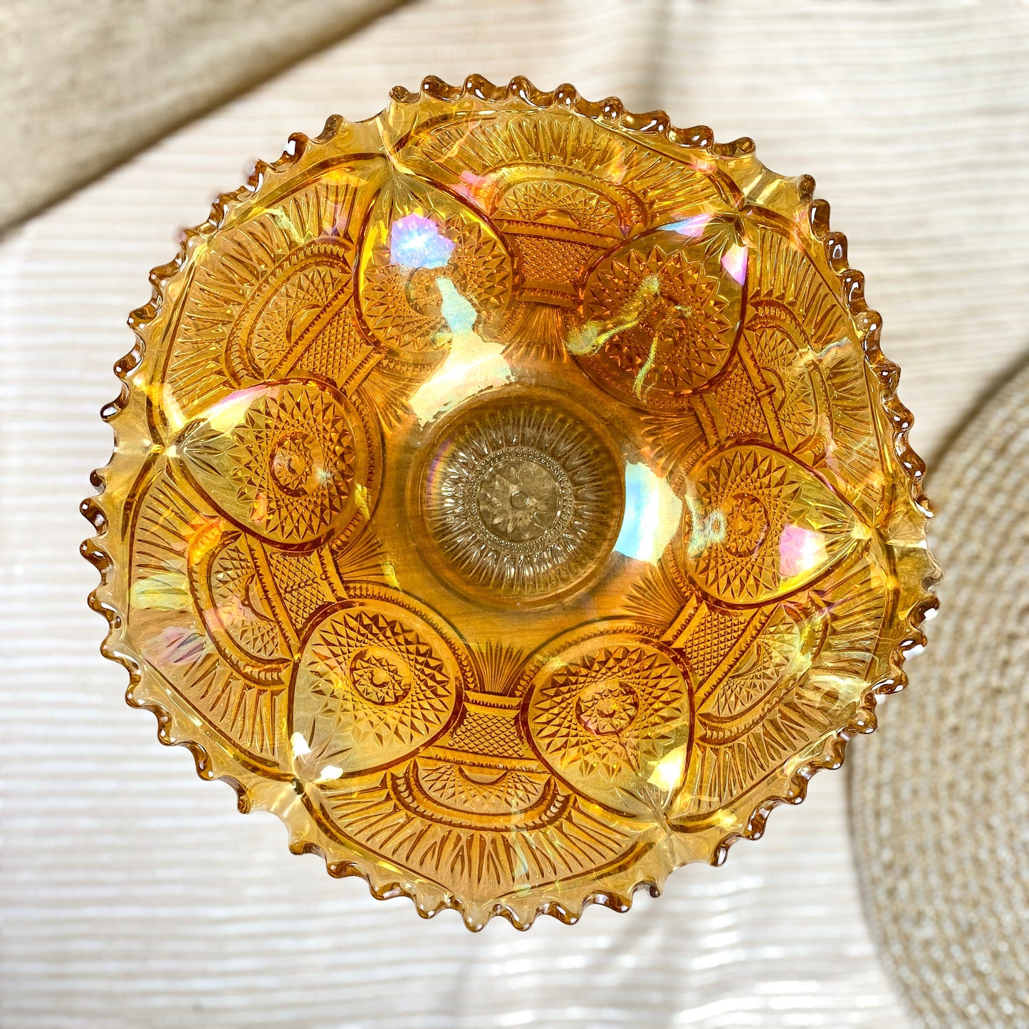 Imperial Large Hobstar and Arches Glass Marigold Sawtooth Edge Carnival Glass Bowl