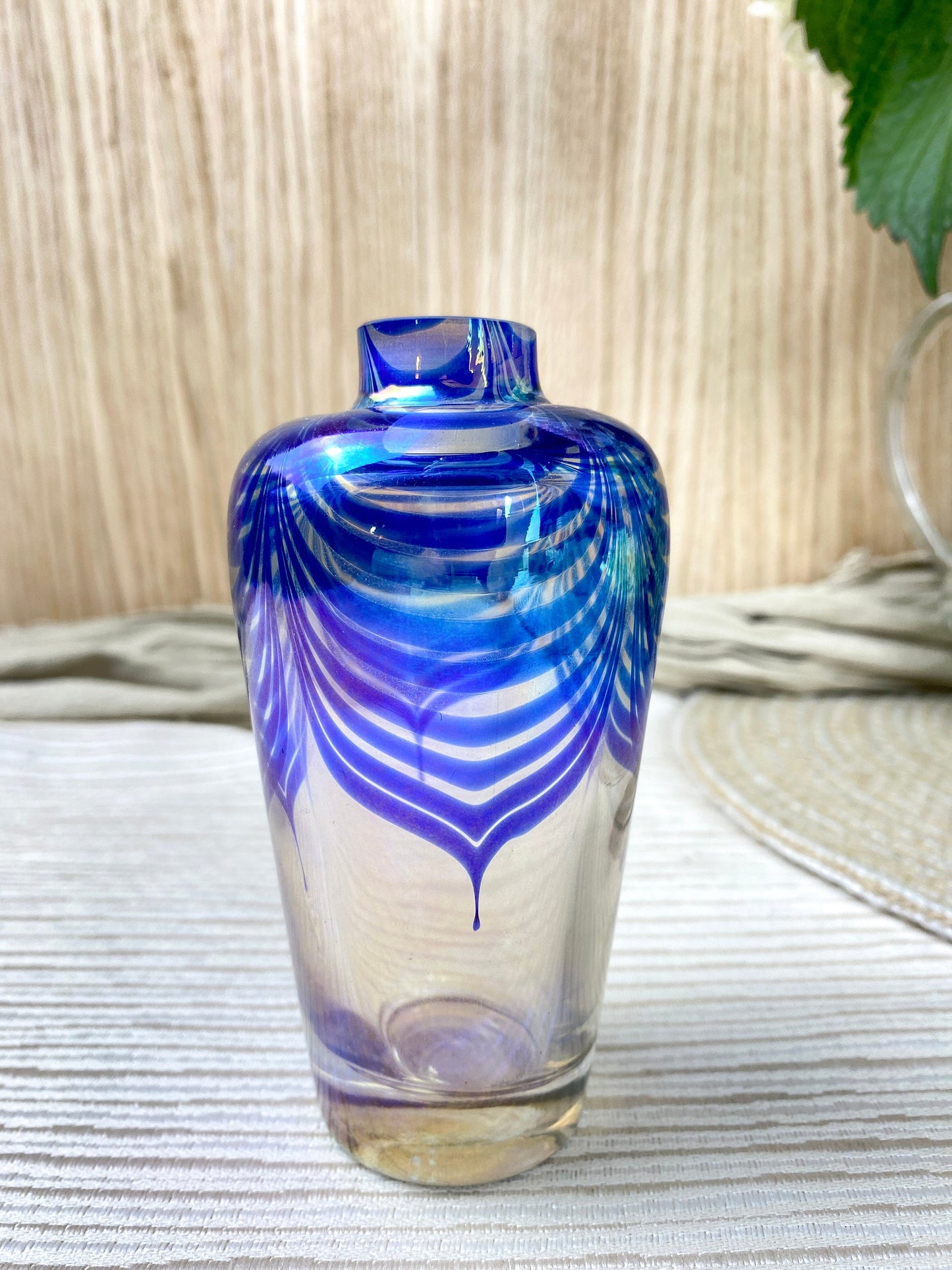 Vintage Iridescent Studio Art Glass Perfume Bottle Bud Vase Cobalt Pulled Feather