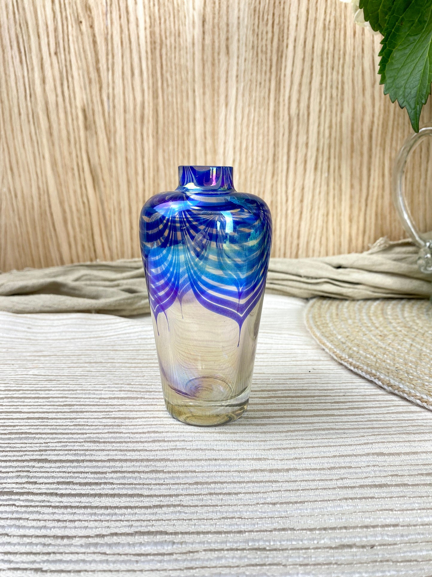 Vintage Iridescent Studio Art Glass Perfume Bottle Bud Vase Cobalt Pulled Feather