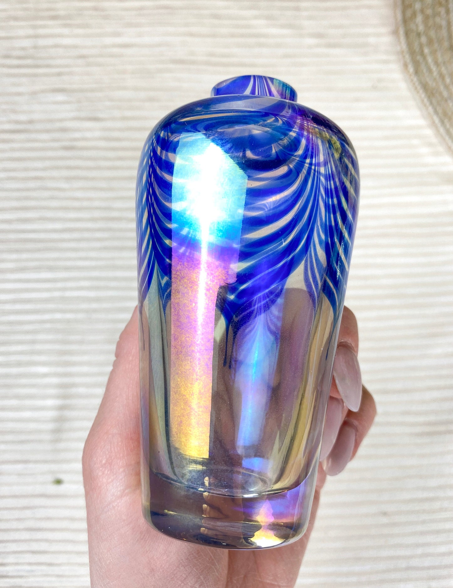 Vintage Iridescent Studio Art Glass Perfume Bottle Bud Vase Cobalt Pulled Feather