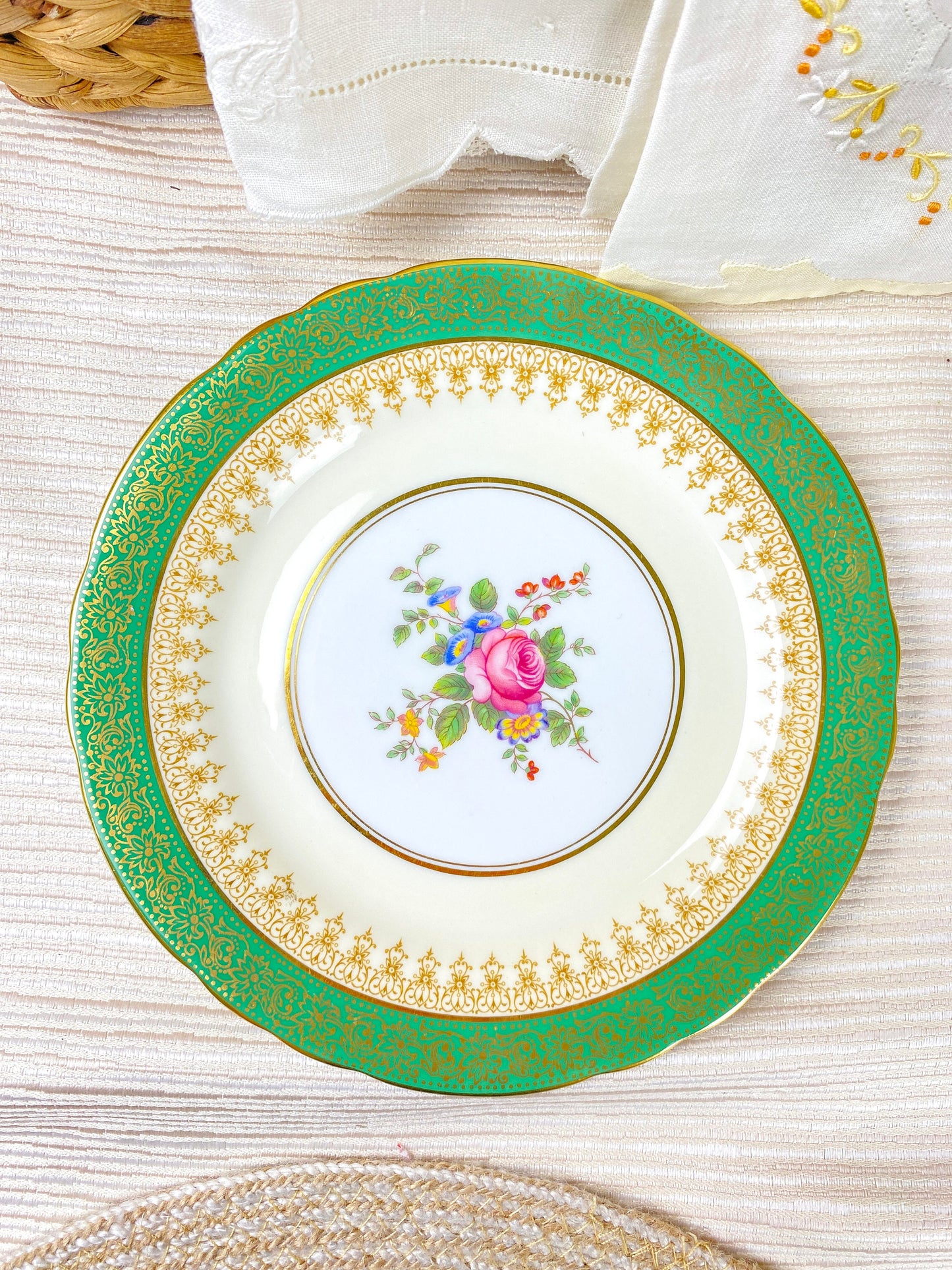 Aynsley Green and Gold Floral Dishes 8" Set of 8 Bone China