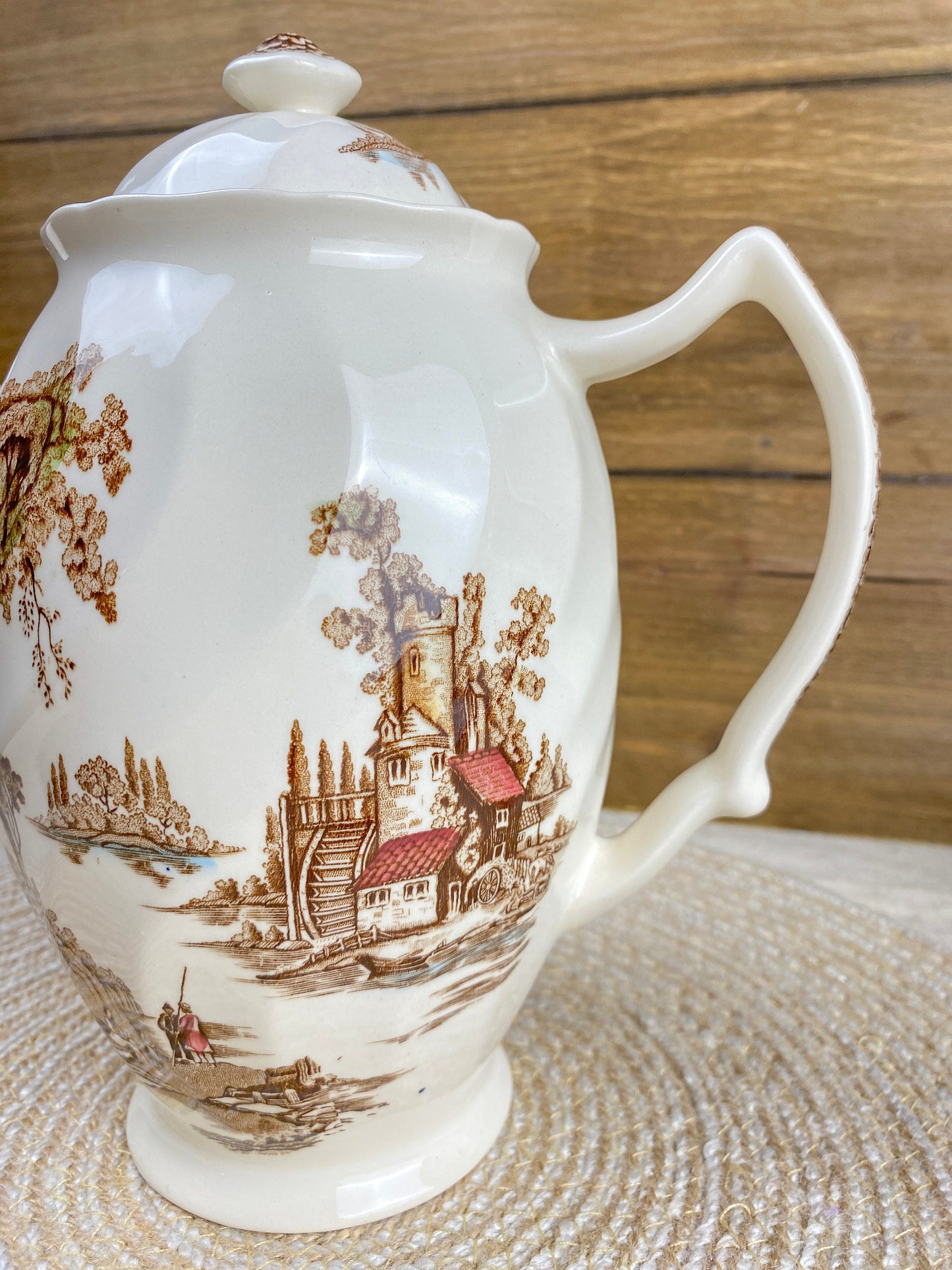 Vintage Brown Transferware Johnson Bros The Old Mill Coffee Pot