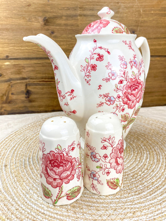 Vintage Johnson Brothers Rose Chintz Coffee Pot & Salt Pepper Shakers