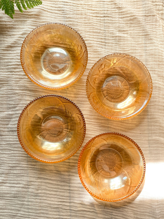 Vintage Jeanette Glass Iris & Herringbone Iridescent Marigold Bowl 4 Piece Set