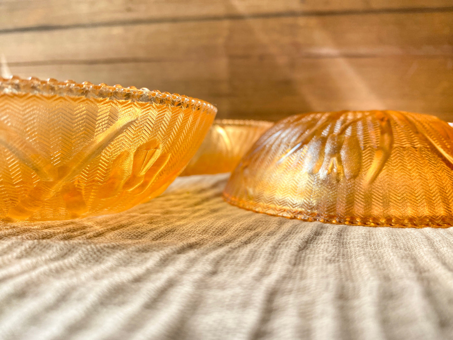 Vintage Jeanette Glass Iris & Herringbone Iridescent Marigold Bowl 4 Piece Set