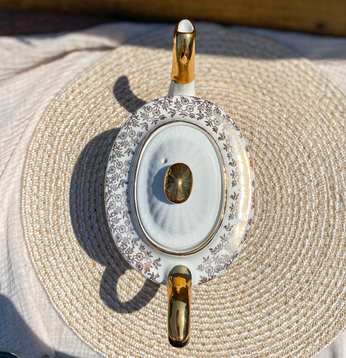 Vintage Gibson White and Gold Tea Pot Set with Creamer & Sugar Bowl Staffordshire England