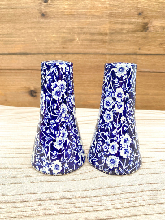 Vintage Burleigh Staffordshire Calico Blue Tall Salt & Pepper Shaker Set