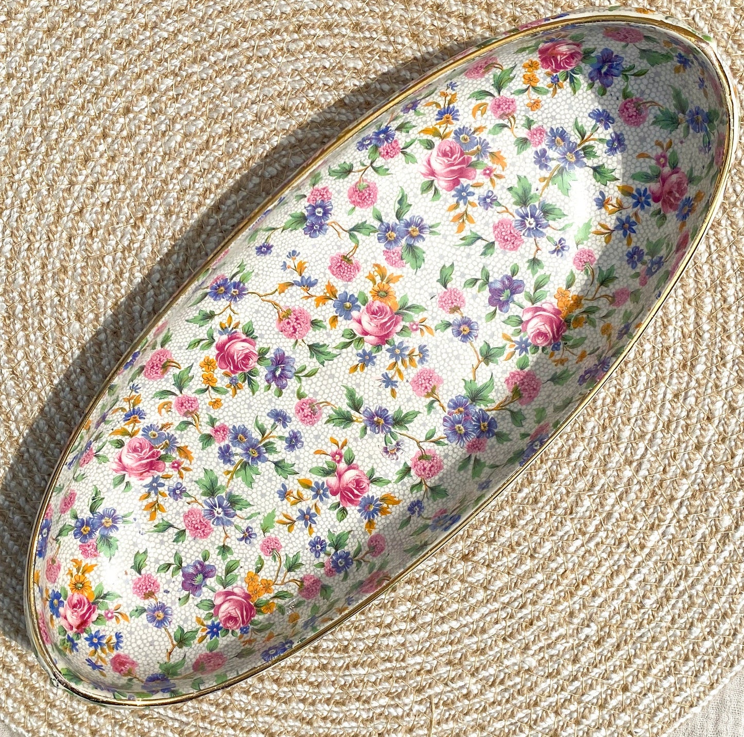 Vintage Royal Winton Grimwades Old Cottage Chintz Canoe Shaped Oblong Serving Dish