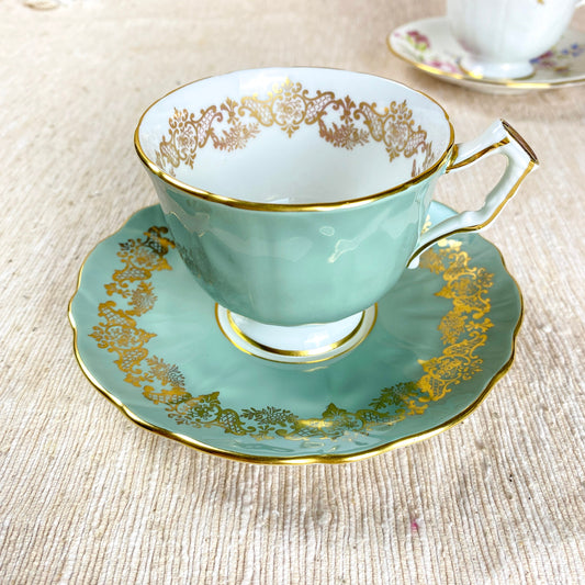 Vintage Aynsley Crocus Sage Green Gold Trellis Teacup & Saucer