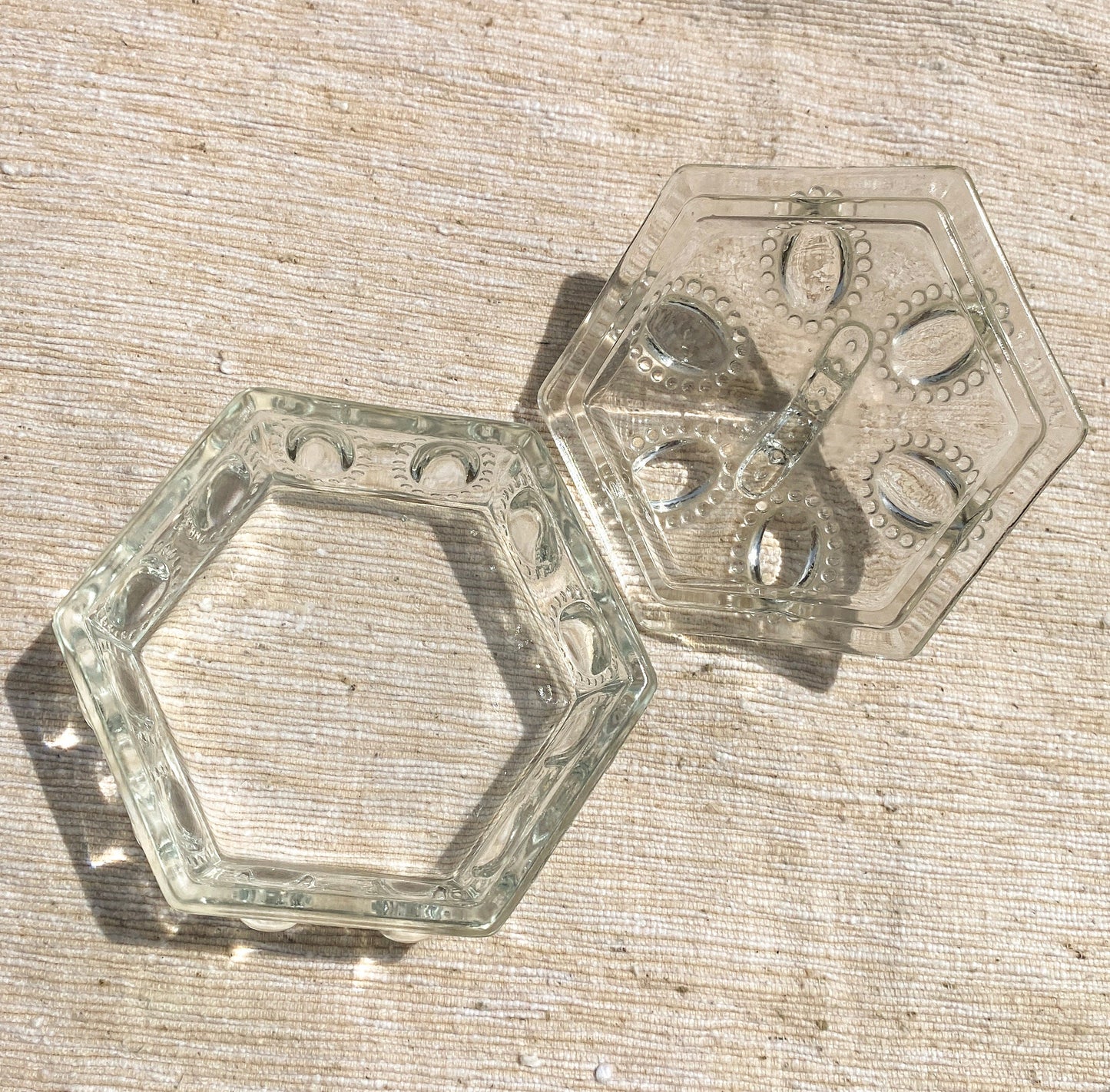 Victorian Style Clear Glass Hexagon Trinket Box with Lid Antique