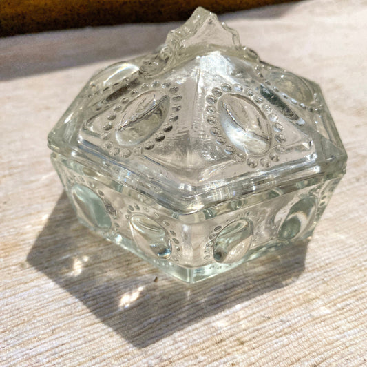 Victorian Style Clear Glass Hexagon Trinket Box with Lid Antique