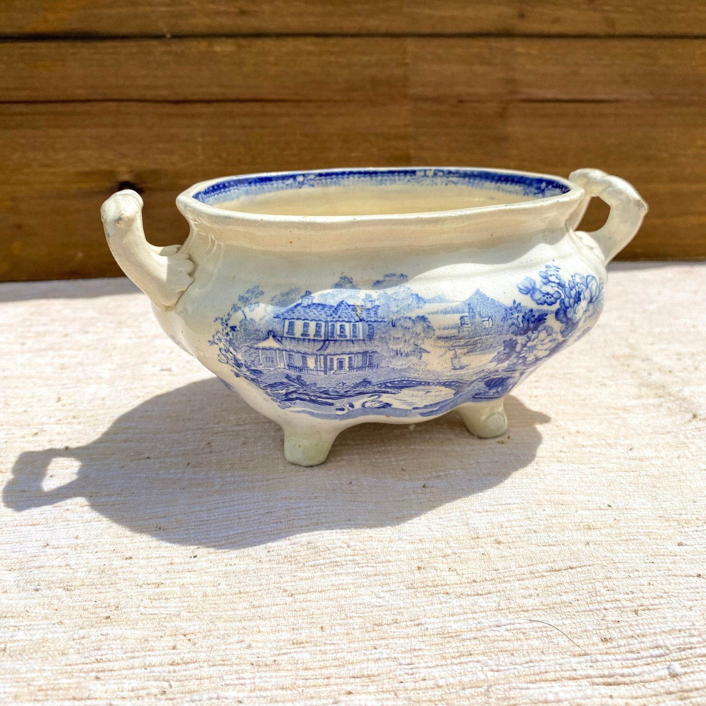 Antique Thomas Till & Son Victorian Blue and White Royal Cottage Bowl with Handles