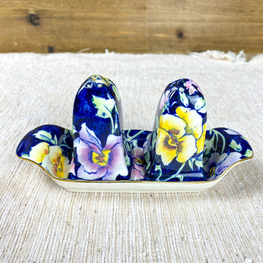 Royal Winton May Festival Cobalt Blue Chintz Salt & Pepper Shaker w Tray 3 Piece Set