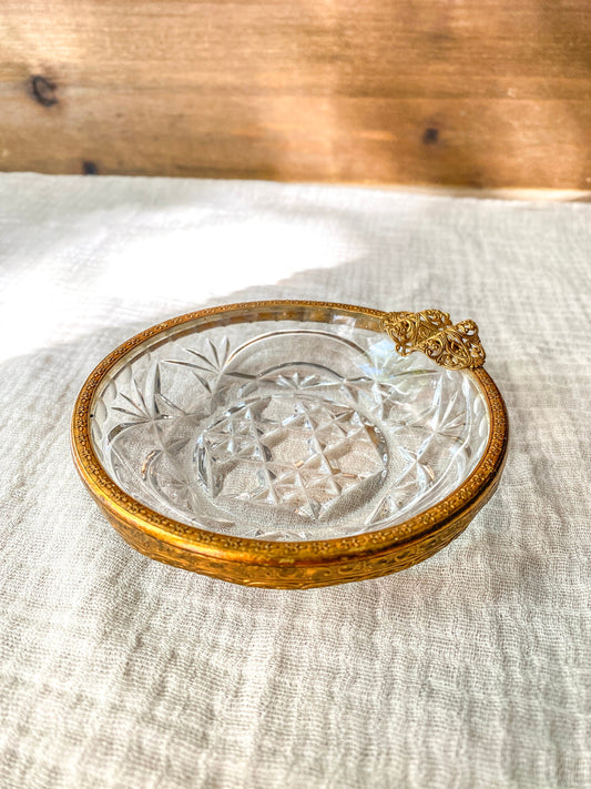 Vintage Glass Ashtray with Brass Overlay Filigree Trinket Dish Decorative