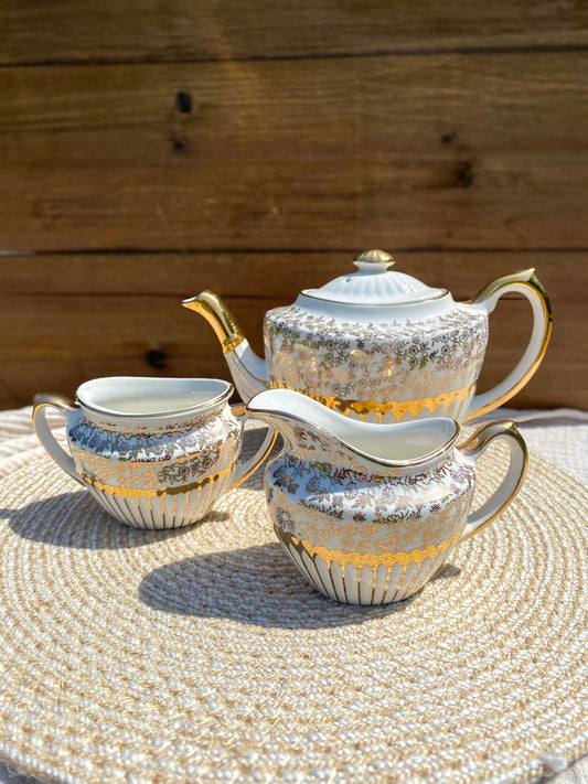 Vintage Gibson White and Gold Tea Pot Set with Creamer & Sugar Bowl Staffordshire England