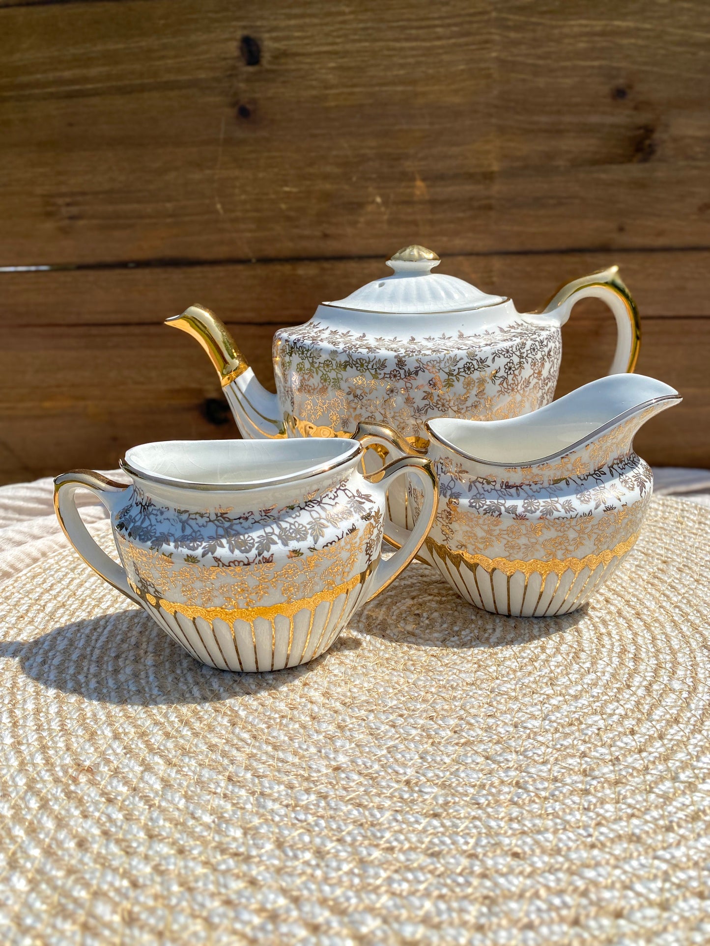 Vintage Gibson White and Gold Tea Pot Set with Creamer & Sugar Bowl Staffordshire England