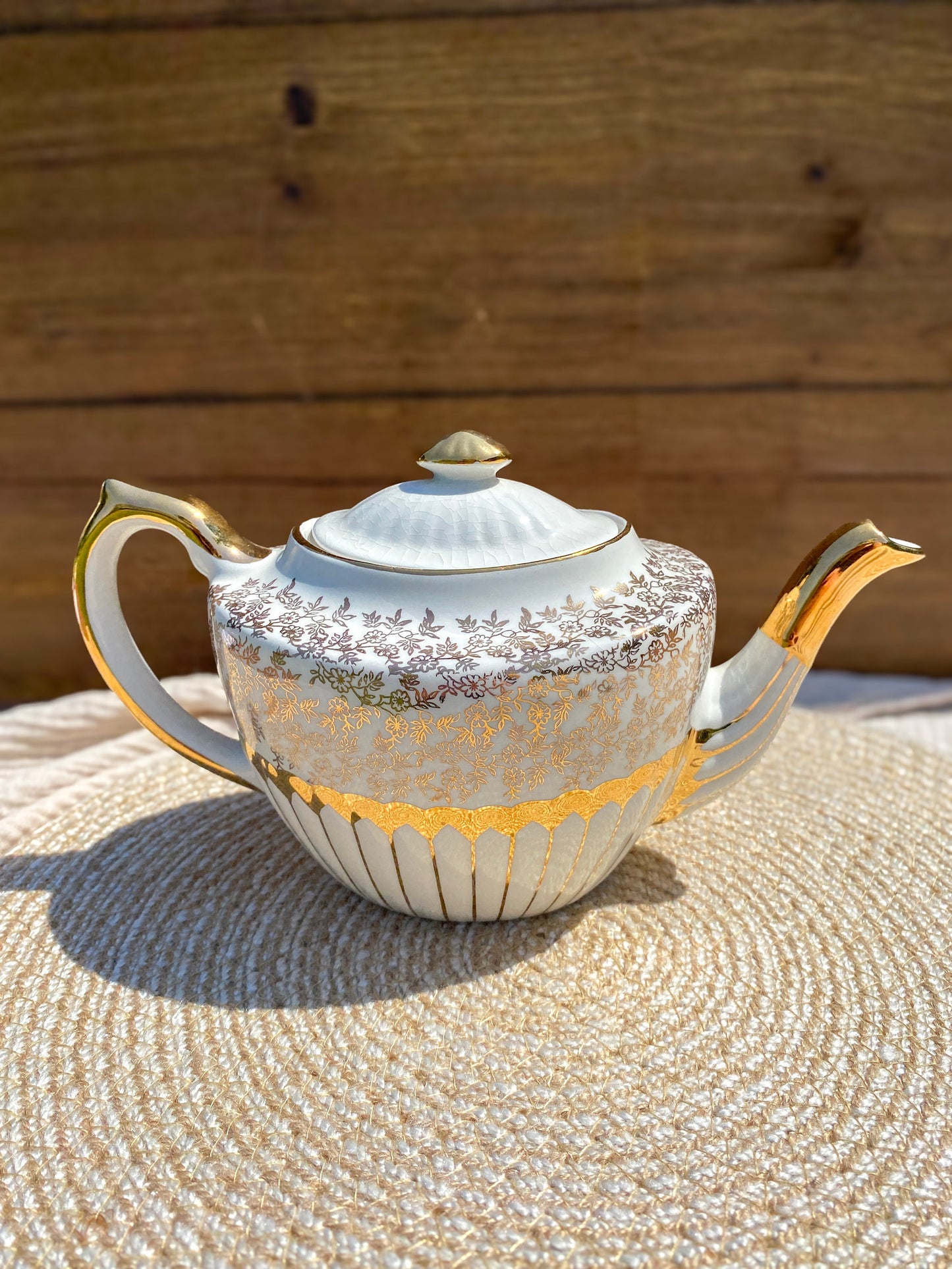 Vintage Gibson White and Gold Tea Pot Set with Creamer & Sugar Bowl Staffordshire England