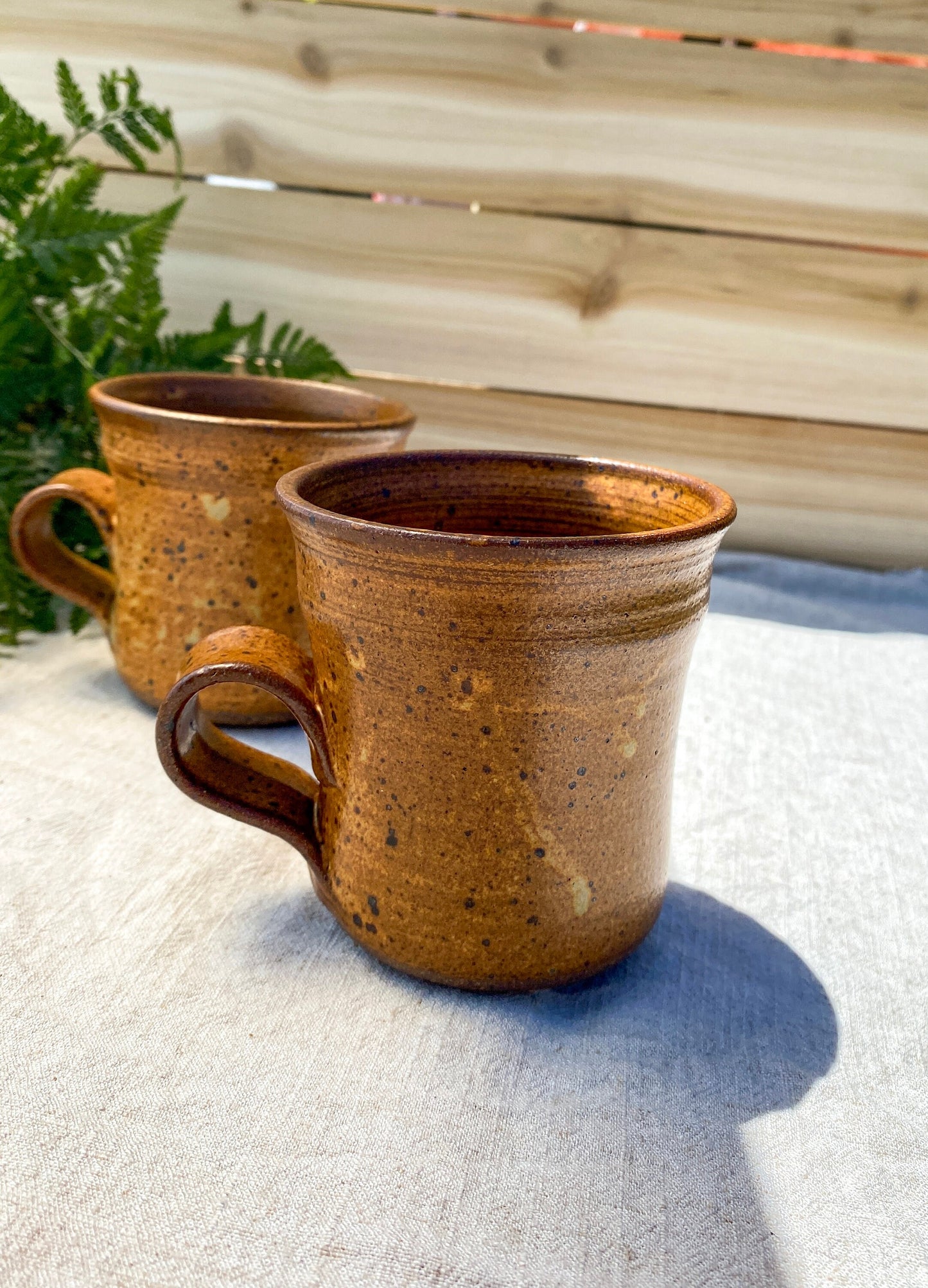 Vintage Studio Art Pottery Pair of Stoneware Mugs Signed Shino Glaze