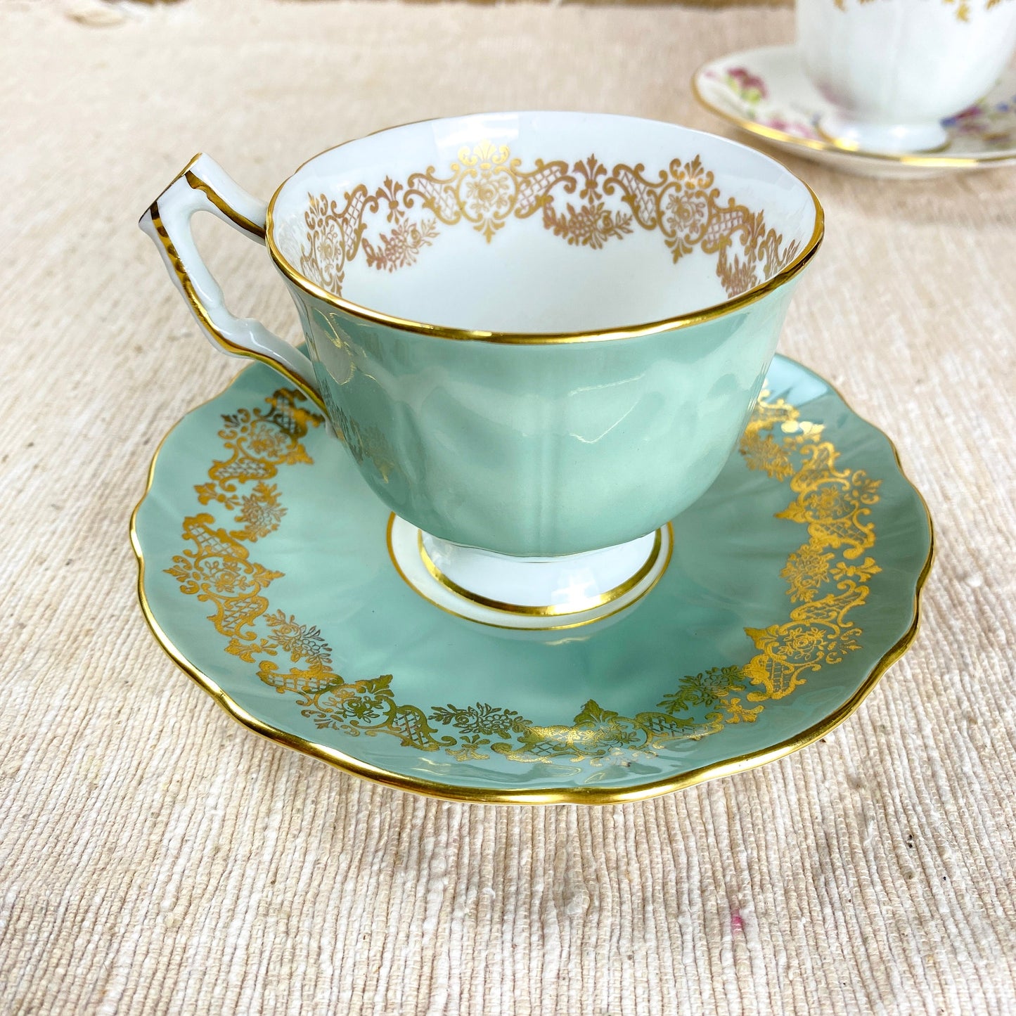 Vintage Aynsley Crocus Sage Green Gold Trellis Teacup & Saucer