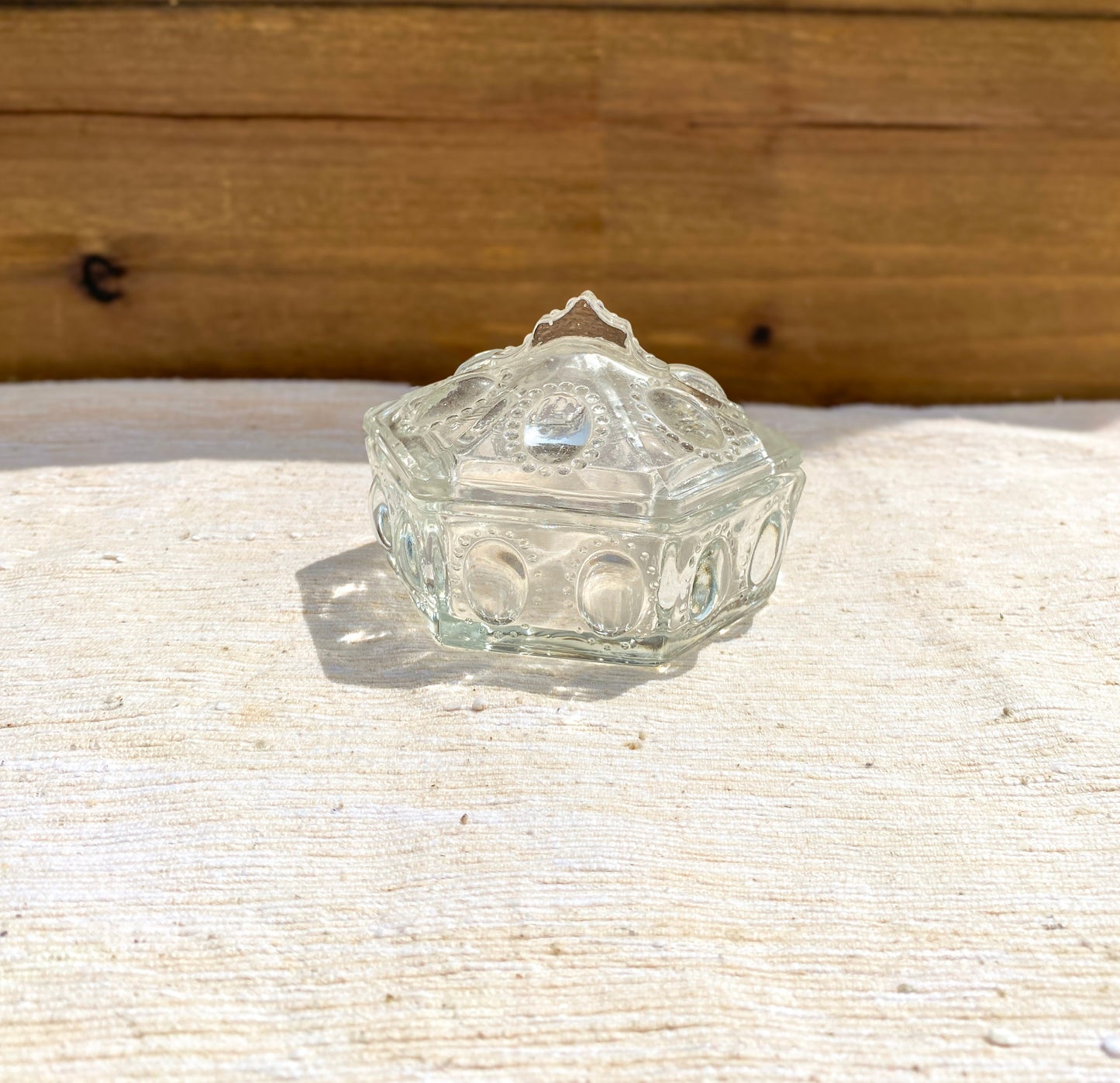 Victorian Style Clear Glass Hexagon Trinket Box with Lid Antique