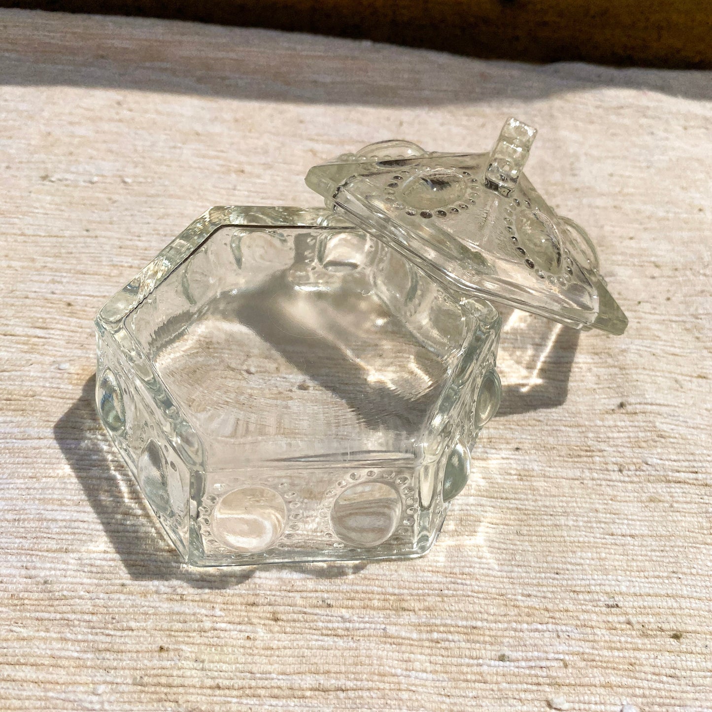 Victorian Style Clear Glass Hexagon Trinket Box with Lid Antique