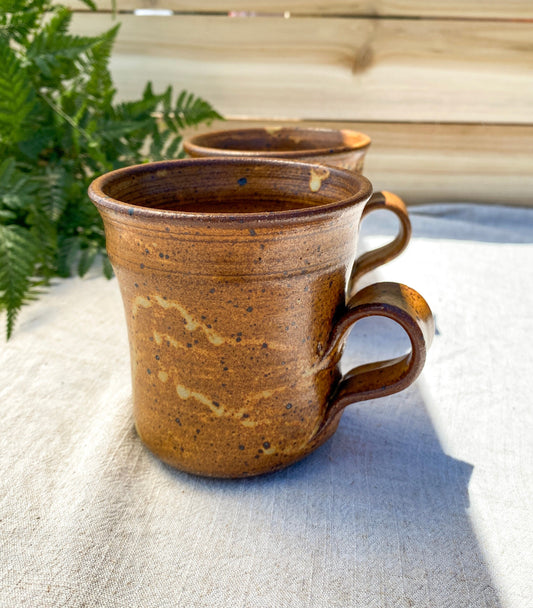 Vintage Studio Art Pottery Pair of Stoneware Mugs Signed Shino Glaze