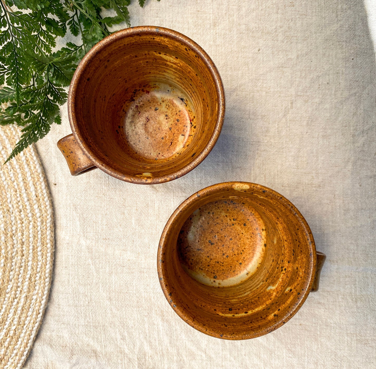 Vintage Studio Art Pottery Pair of Stoneware Mugs Signed Shino Glaze