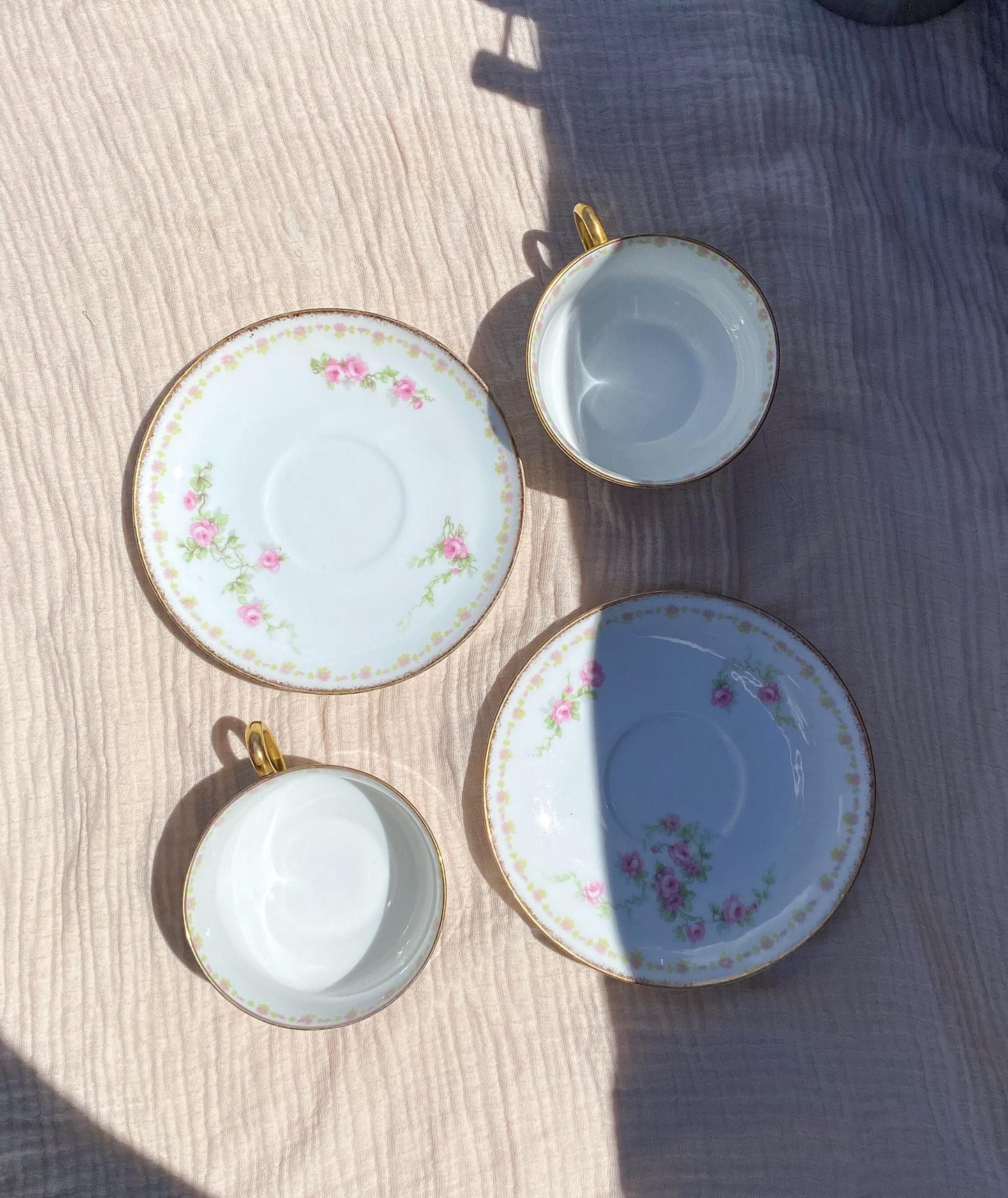 Old Abbey Limoges White and Gold Porcelain Roses Teacups & Saucers