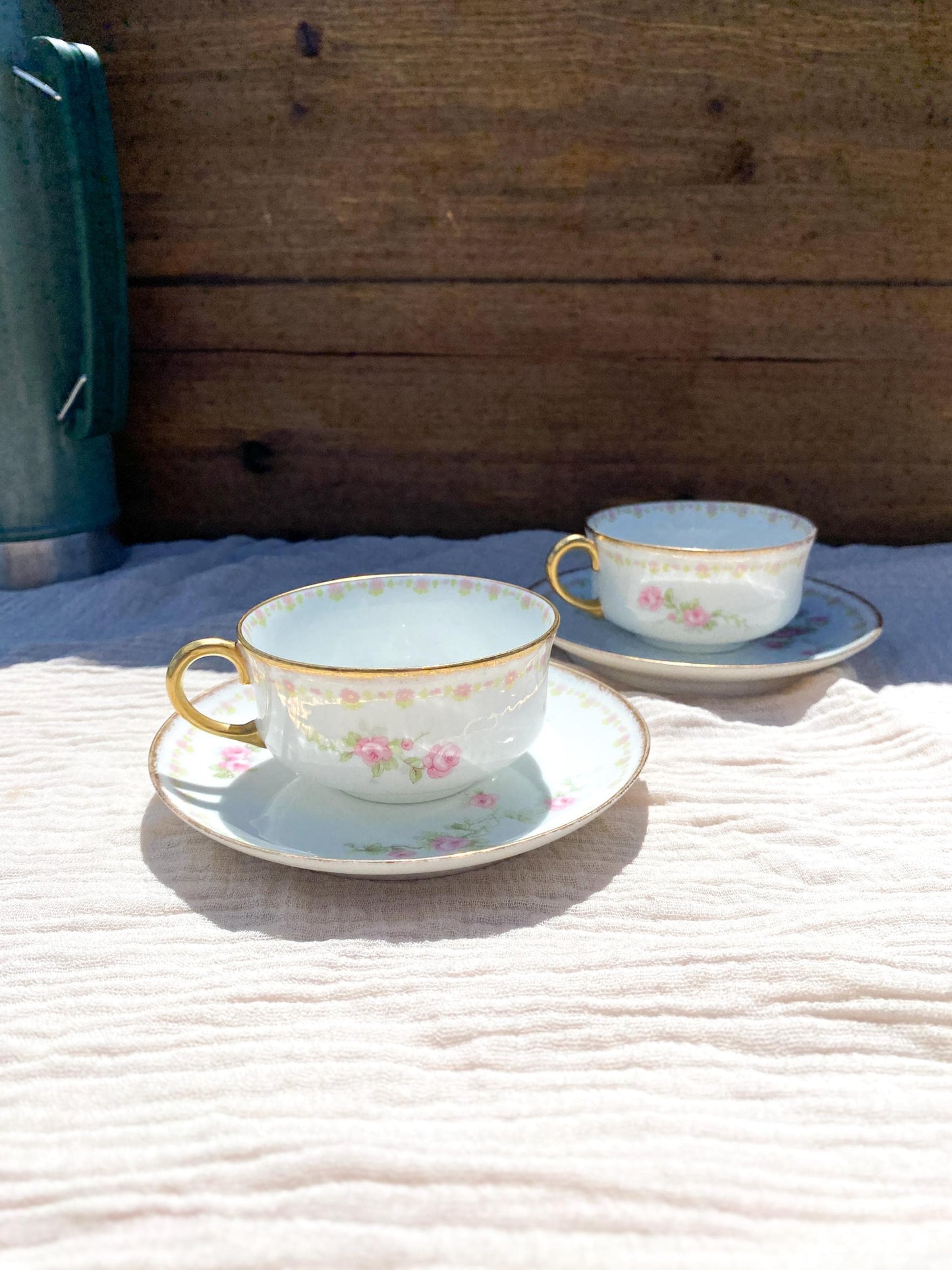 Old Abbey Limoges White and Gold Porcelain Roses Teacups & Saucers