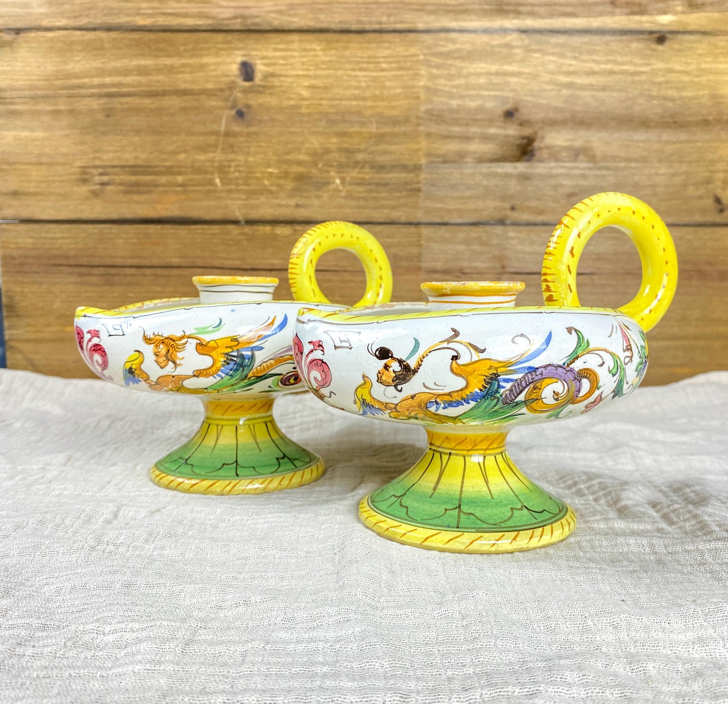 Raffaellesco Maiolica Vintage Candle Holder Pair