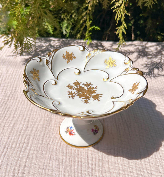 Vintage PM East Germany Porcelain Pedestal Bowl Hand Painted Gold Floral