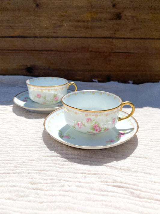 Old Abbey Limoges White and Gold Porcelain Roses Teacups & Saucers