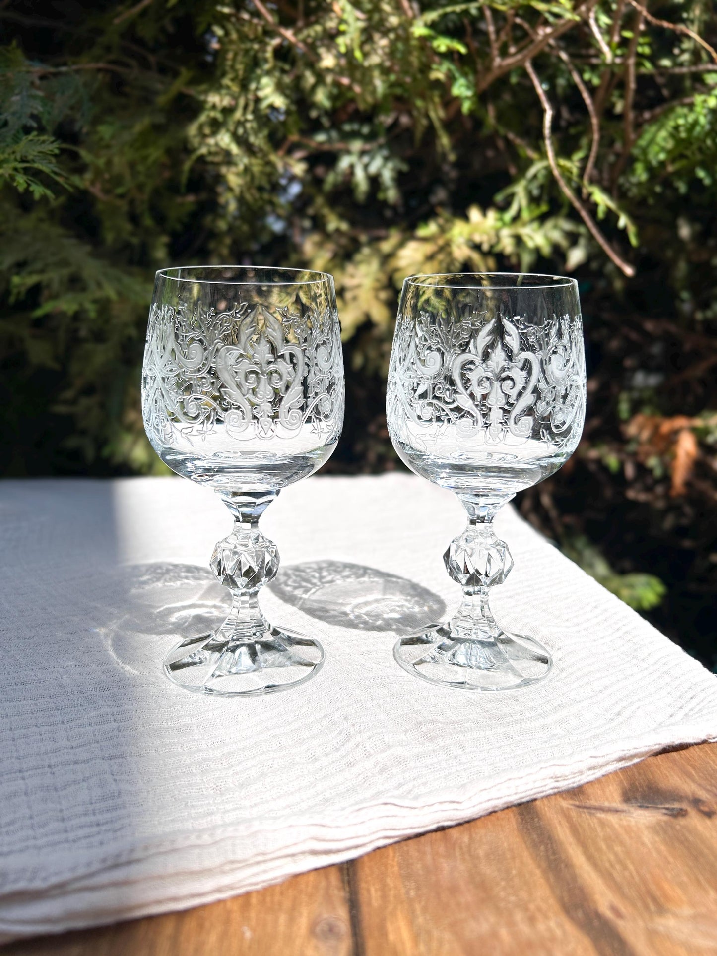 Vintage Bohemia Crystal-Crystalex Etched Scrolls Wine Glasses Pair