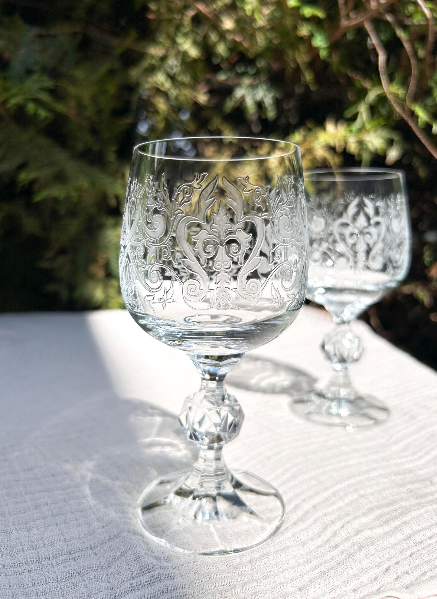 Vintage Bohemia Crystal-Crystalex Etched Scrolls Wine Glasses Pair