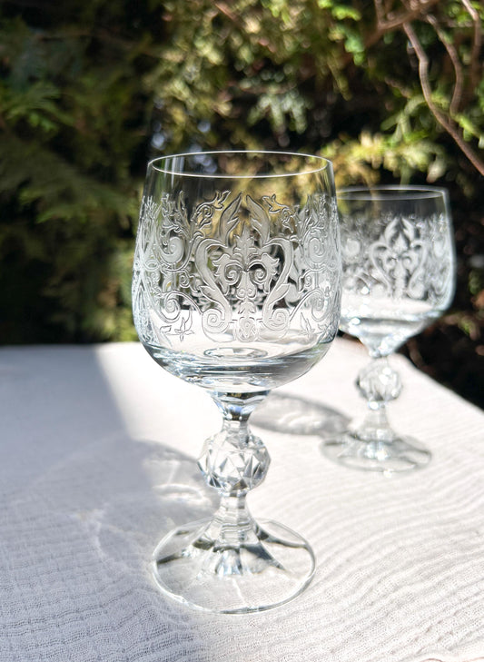 Vintage Bohemia Crystal-Crystalex Etched Scrolls Wine Glasses Pair